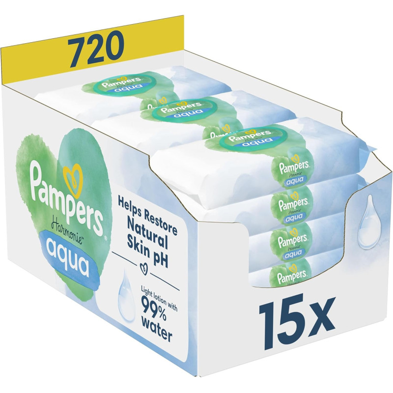 Pampers Harmonie Aqua, 720 Lingettes pour Bébé (15x48), Sans Platisque, Certifié OEKO-TEX, Protection De La Peau Délicate Avec P