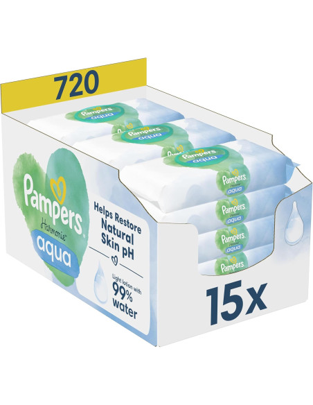 Pampers Harmonie Aqua, 720 Lingettes pour Bébé (15x48), Sans Platisque, Certifié OEKO-TEX, Protection De La Peau Délicate Avec P