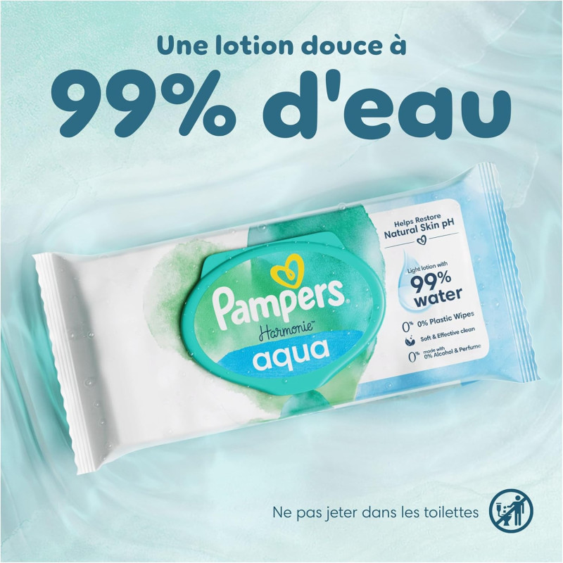 Pampers Harmonie Aqua, 720 Lingettes pour Bébé (15x48), Sans Platisque, Certifié OEKO-TEX, Protection De La Peau Délicate Avec P