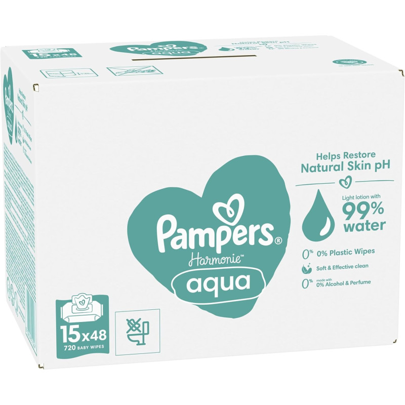 Pampers Harmonie Aqua, 720 Lingettes pour Bébé (15x48), Sans Platisque, Certifié OEKO-TEX, Protection De La Peau Délicate Avec P