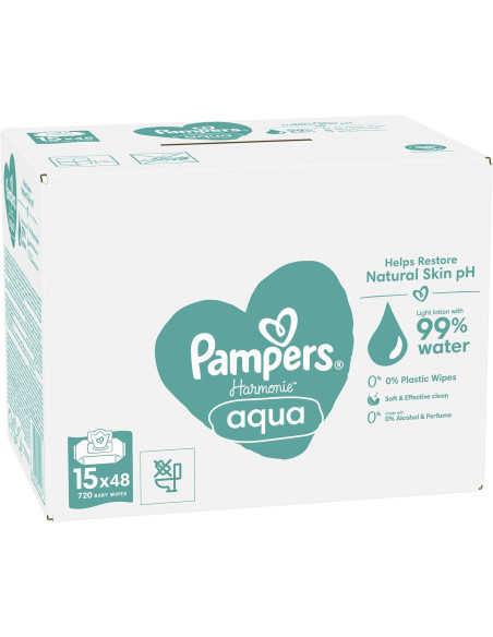 Pampers Harmonie Aqua, 720 Lingettes pour Bébé (15x48), Sans Platisque, Certifié OEKO-TEX, Protection De La Peau Délicate Avec P