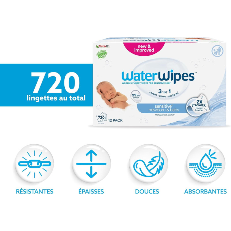 WaterWipes Sensitive+ Newborn & Baby Wipes, 720 unités (12 paquets), 3-en-1 nettoie, soigne, protège, 99,9% d'eau, non parfumées 2